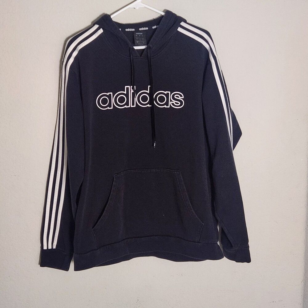 Adidas Hoodie Womens Large Black 3 Stripe Pullover Sweatshirt Logo Athletic
